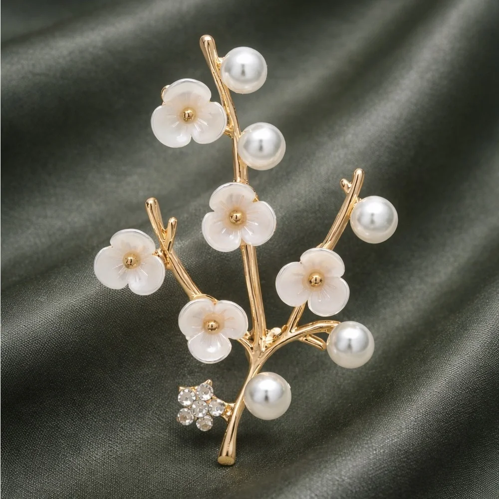 Cherry Blossom Gold Pearl Floral Brooch